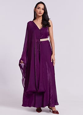 Purple Organza Lace Embroidered Evening Gown With Attached Dupatta