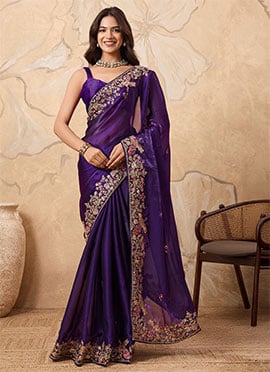 Purple Organza Sequins Embroidered Saree