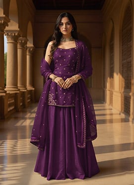 Purple Organza Sequins Moti Hand Embroidered Palazzo Suit