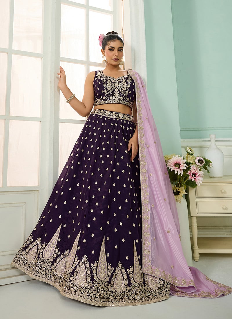 Purple Organza Sequins Stones Embroidered Cut Work Umbrella Lehenga