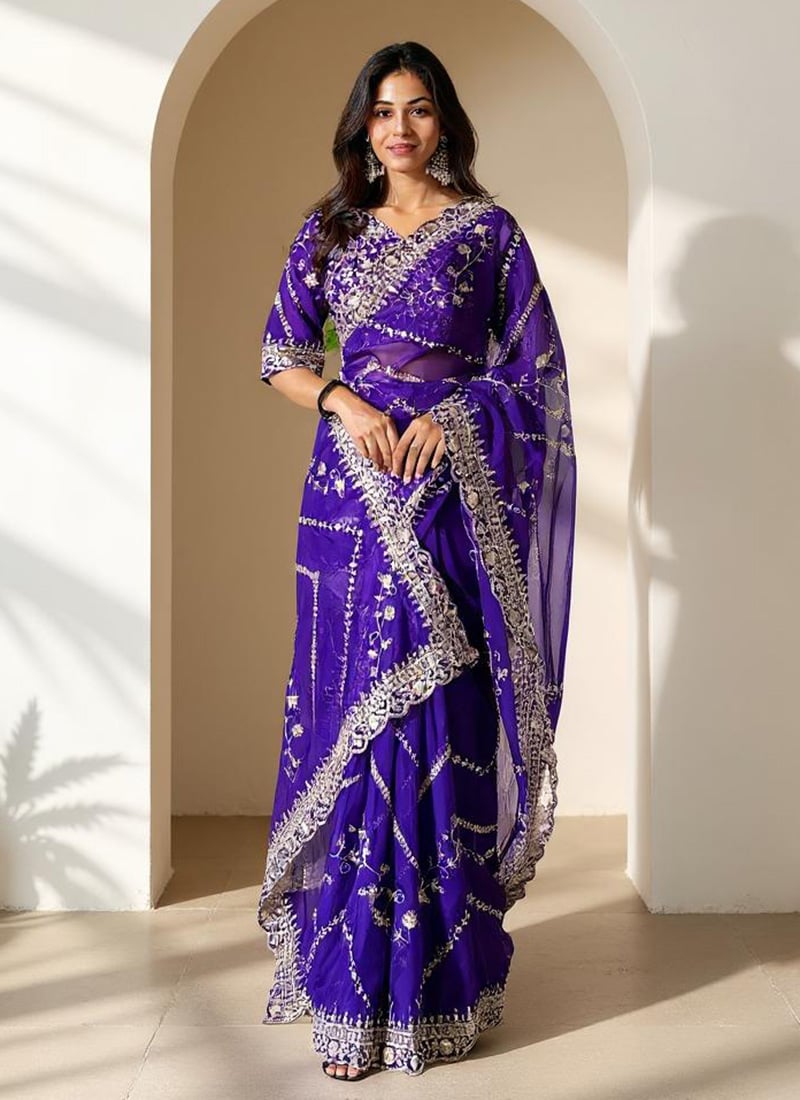 Purple Organza Silk Embroidered Sequins Saree Festive Wear