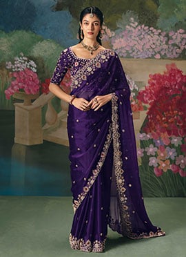 Purple Organza Silk Embroidered Sequins With Beads And Stone Work Saree