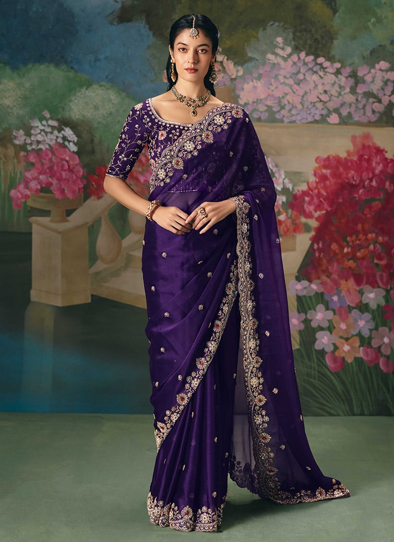 Purple Organza Silk Embroidered Sequins With Beads And Stone Work Saree Wedding Wear