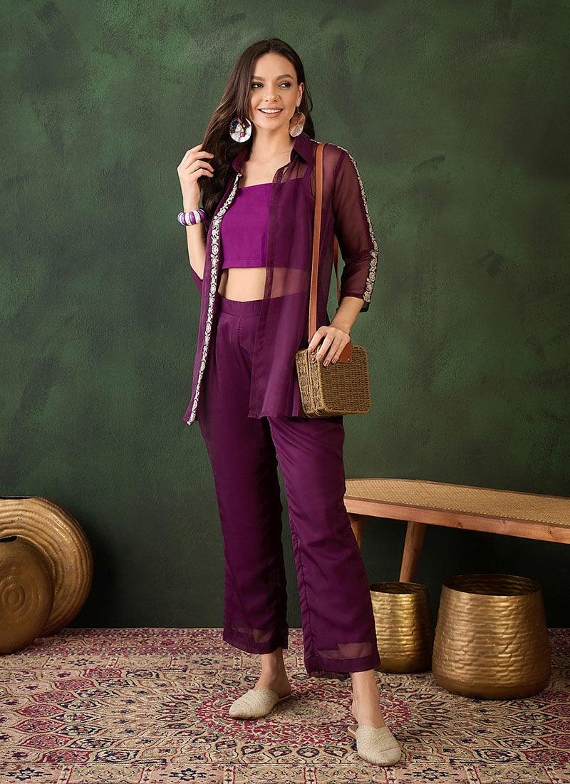 Purple Organza Solid Indowestern Jacket