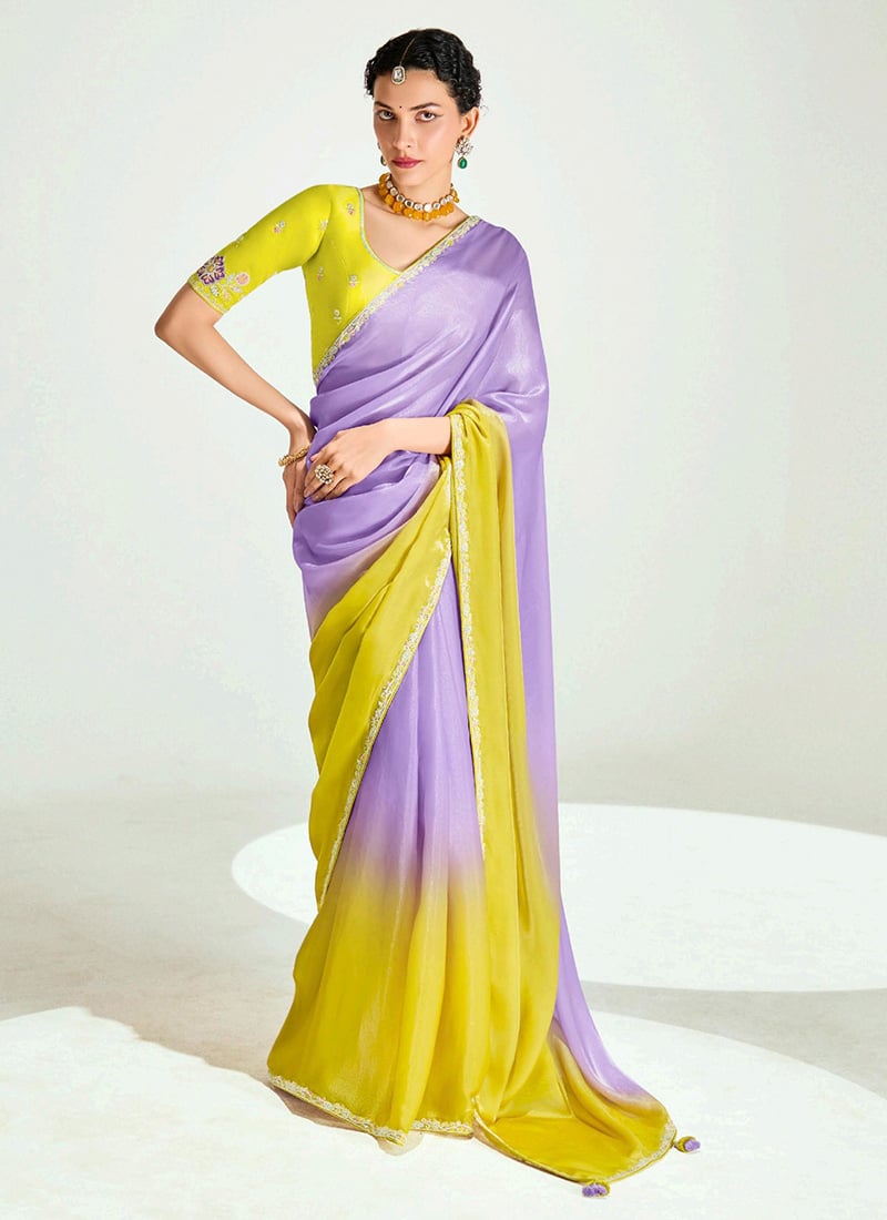 Purple Organza Tissue Zari Embroidered Sequins Saree