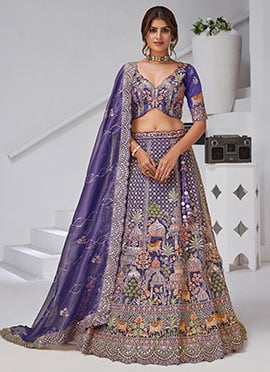 Purple Organza Tissue Zari Embroidered Sequins With Stone Work Lehenga