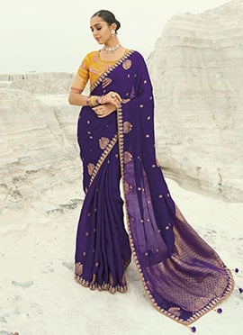 Purple Organza Viscose Satin Silk Zari Embroidered Sequins With Moti Work Saree