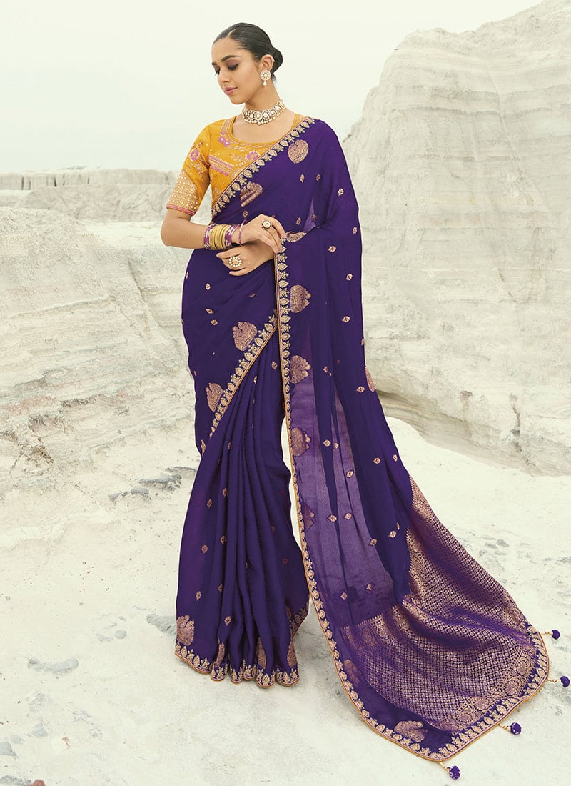 Purple Organza Viscose Satin Silk Zari Embroidered Sequins With Moti Work Saree Wedding Wear