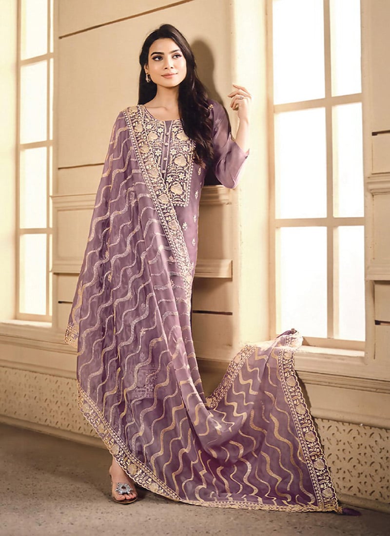 Purple Organza Zari Embroidered Straight Pant Suit Festive Wear