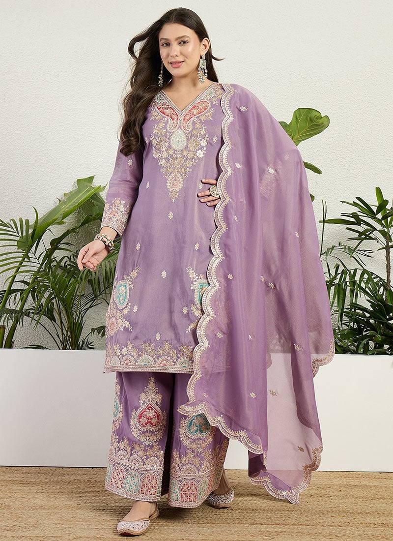 Purple Organza Zari Embroidered Sequins Palazzo Suit Festive Wear