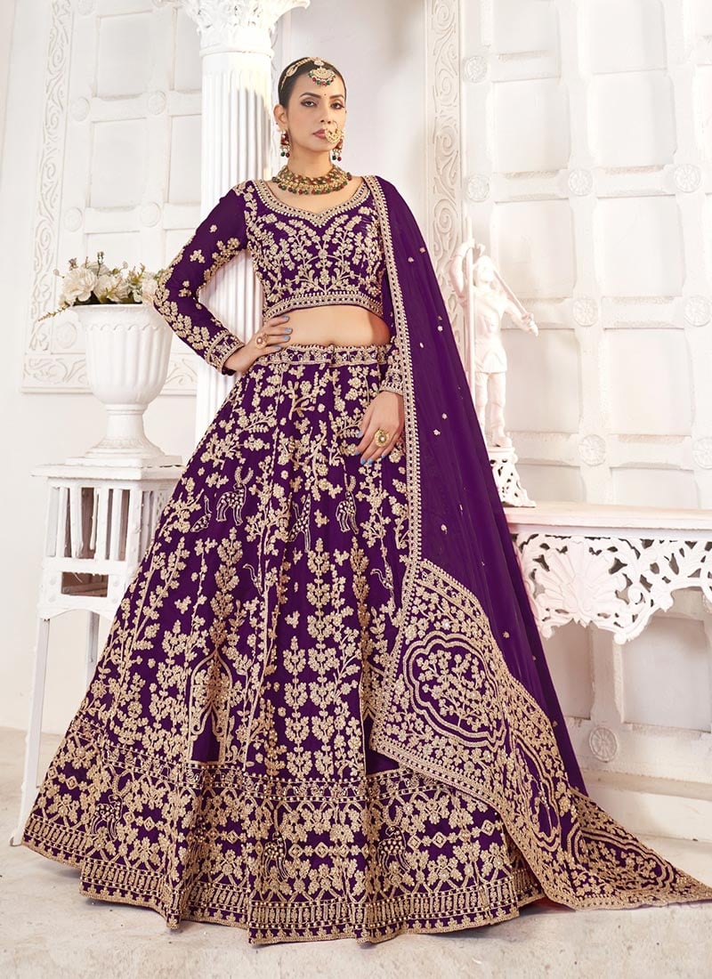 Purple Organza Zari Embroidered Stone Work Lehenga Wedding Wear-GHSRK207675