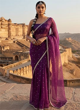 Purple Organza Zari Hand Embroidered Sequins Saree