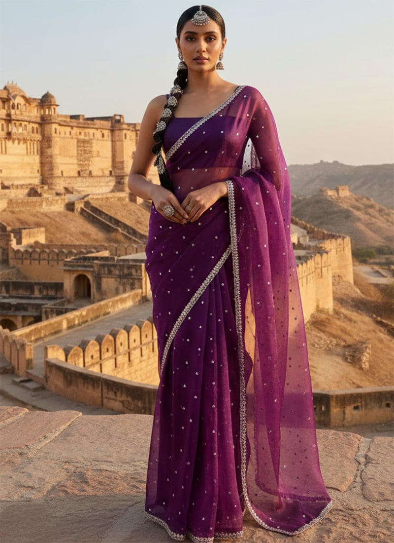 Purple Organza Zari Hand Embroidered Sequins Saree Wedding Wear