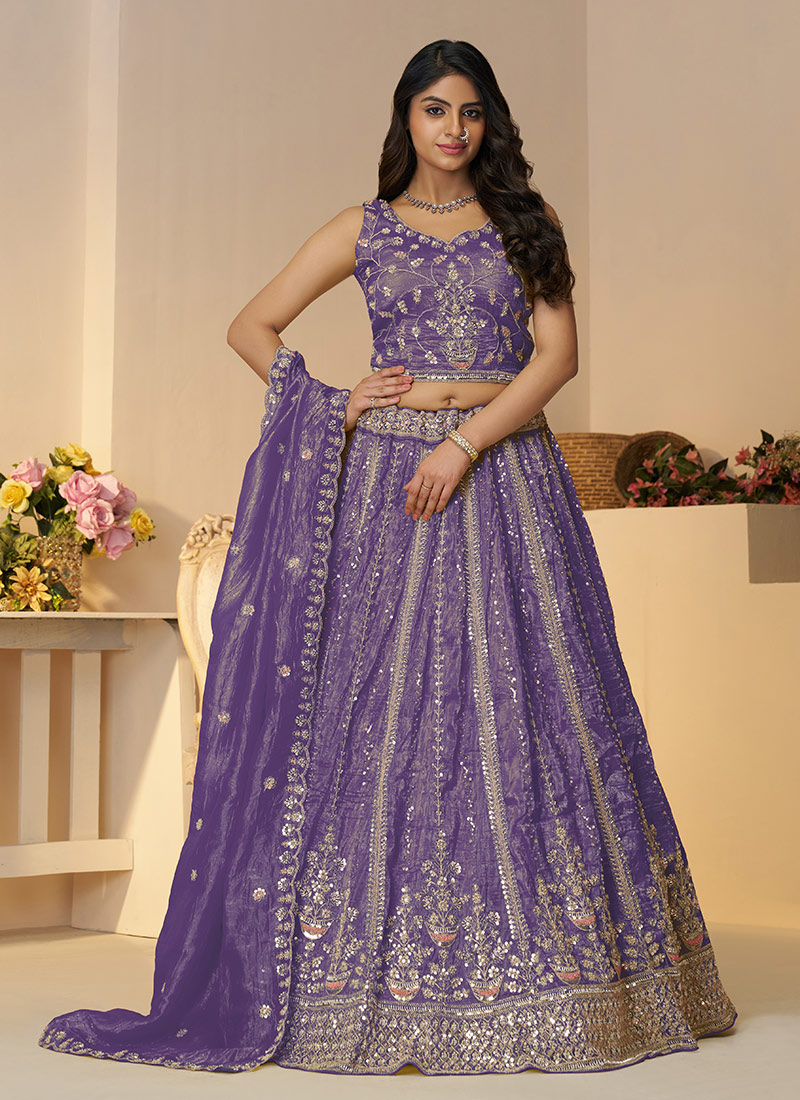 Purple Organza Zari Sequins Embroidered Beads Lehenga Wedding Wear