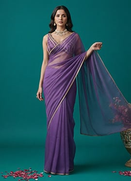 Purple Organza Zari Sequins Hand Embroidered Saree