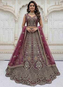 Purple Organza Zari Sequins Stones Embroidered Thread Dori Umbrella Lehenga