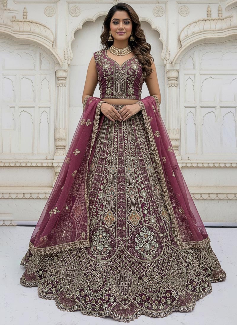 Purple Organza Zari Sequins Stones Embroidered Thread Dori Umbrella Lehenga Wedding Wear