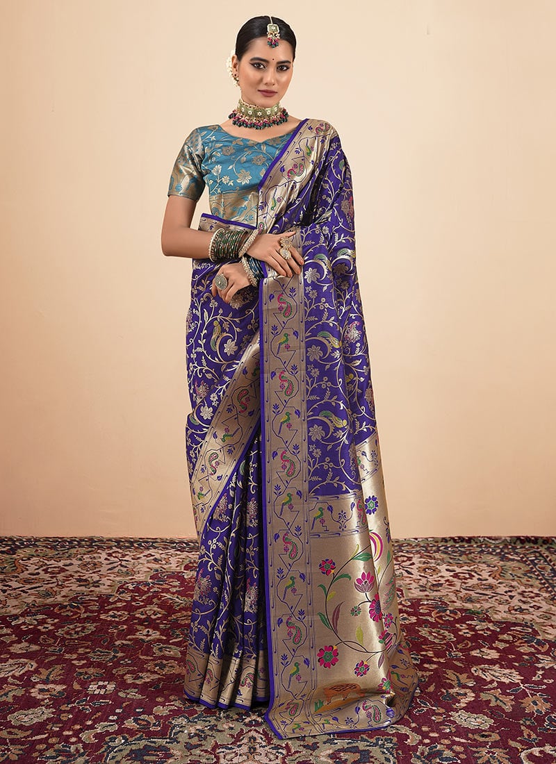 Purple Paithani Silk Hand Painted Zari Woven Saree Festive Wear