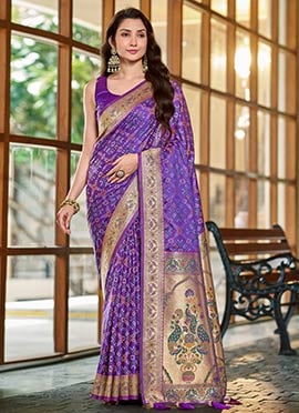 Purple Patola Banarasi Satin Silk Jacquard Woven Zari Border Saree