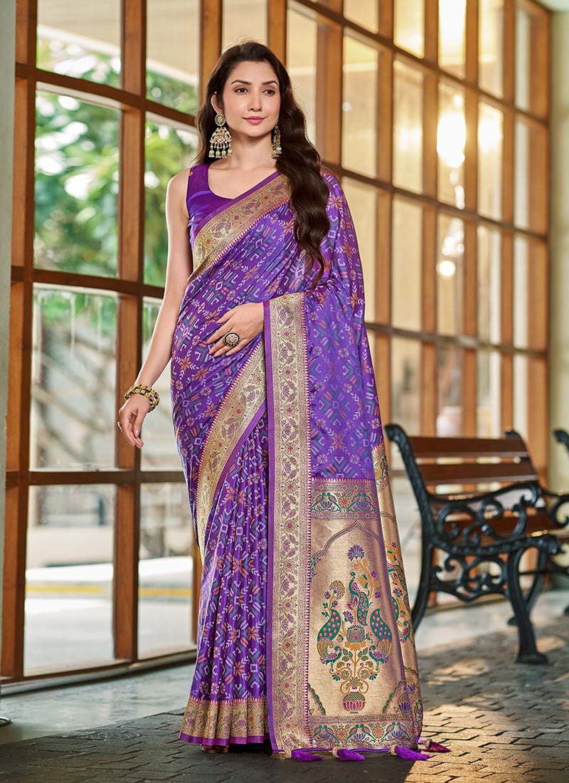 Purple Patola Banarasi Satin Silk Jacquard Woven Zari Border Saree Festive Wear