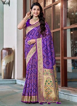 Purple Patola Banarasi Satin Silk Jacquard Woven Zari Border Saree