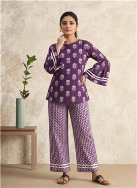 Purple Printed Cotton Co Ord Pant Set