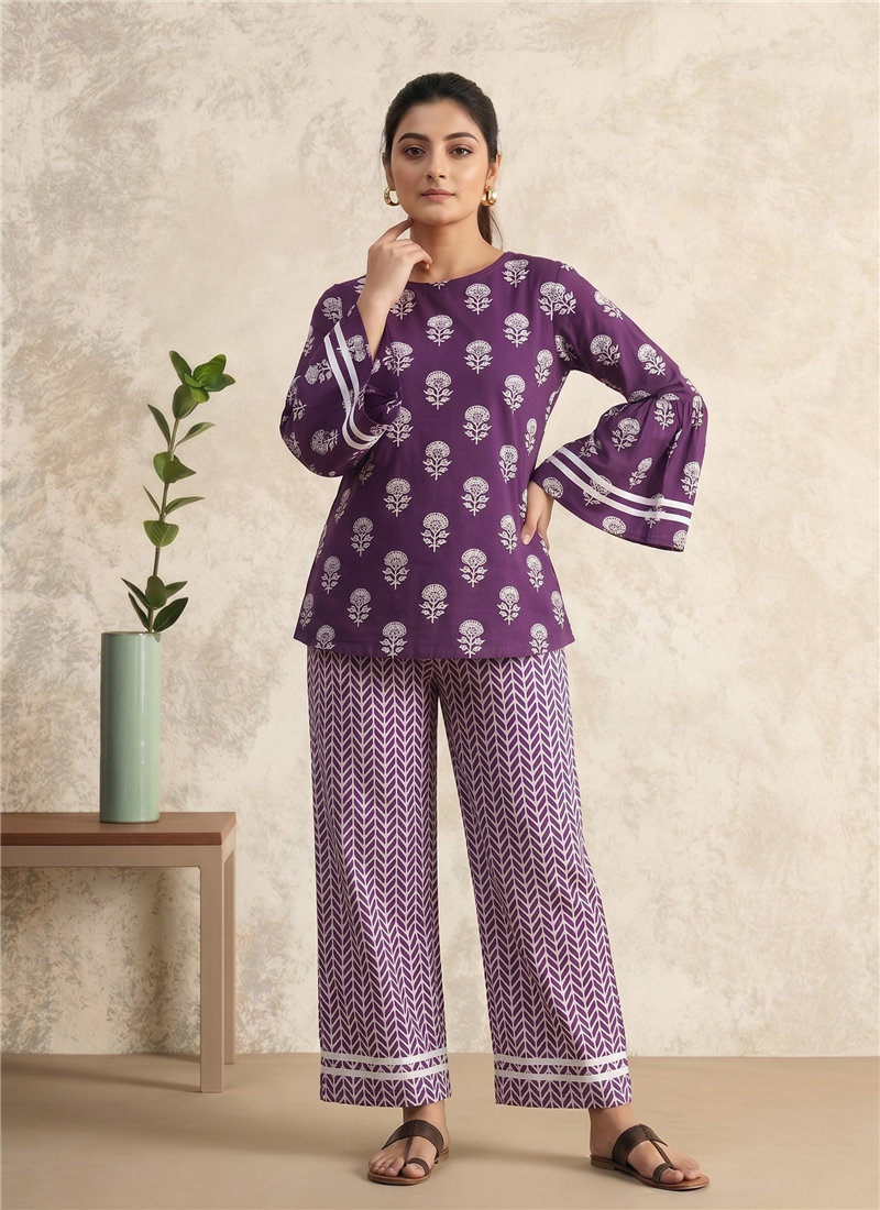 Purple Printed Cotton Co Ord Pant Set After Six Wear