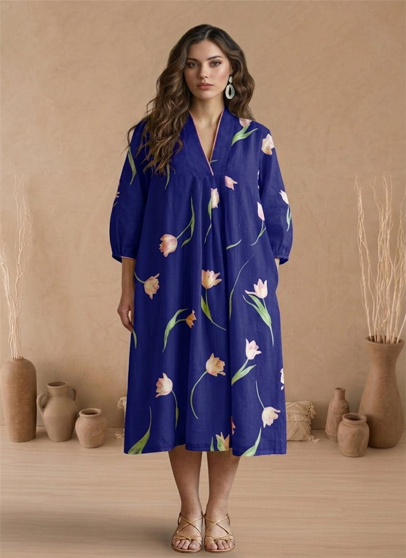 Purple Printed Cotton Dress After Six Wear