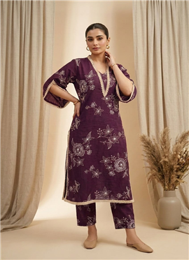 Purple Printed Cotton Kurta Set