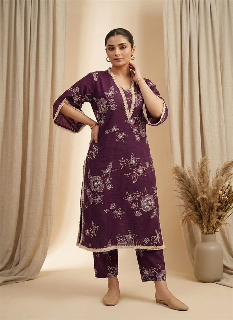Purple Printed Cotton Kurta Set After Six Wear
