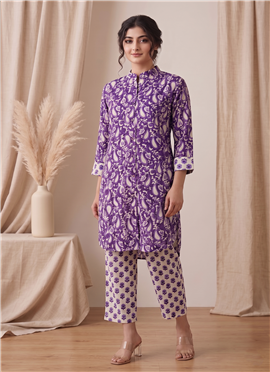 Purple Printed Cotton Kurta Set