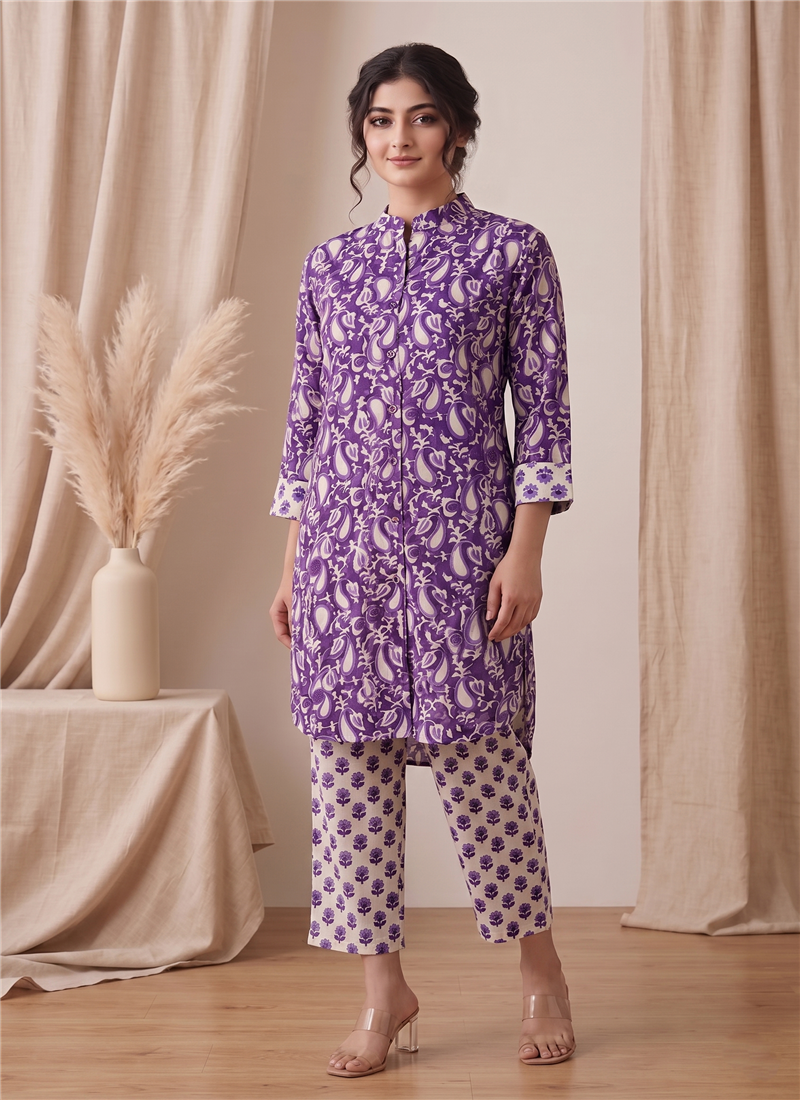 Purple Printed Cotton Kurta Set After Six Wear