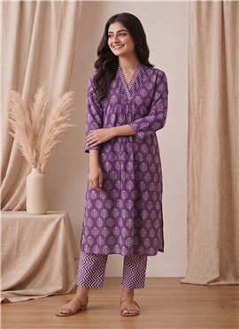 Purple Printed Cotton Kurta Set