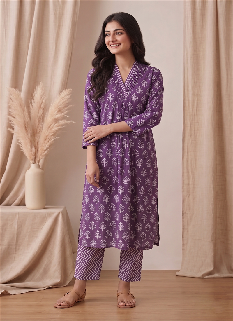 Purple Printed Cotton Kurta Set After Six Wear