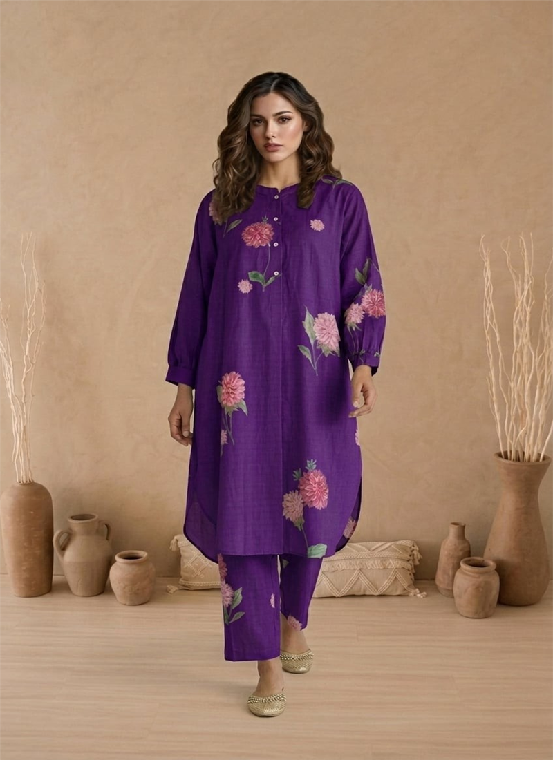 Purple Printed Cotton Kurta Set After Six Wear