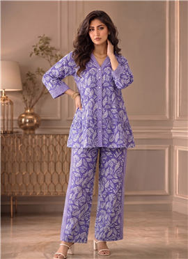 Purple Printed Cotton Peplum Top Palazzo Set