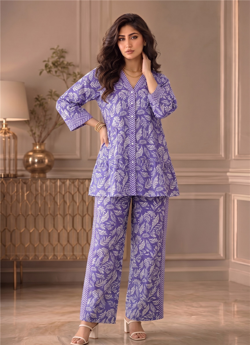 Purple Printed Cotton Peplum Top Palazzo Set After Six Wear
