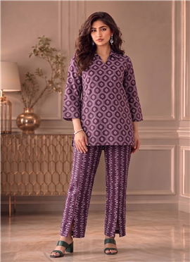 Purple Printed Cotton Straight Top Pant Set