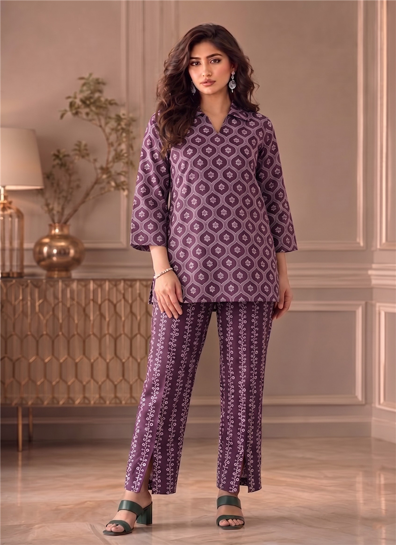 Purple Printed Cotton Straight Top Pant Set After Six Wear