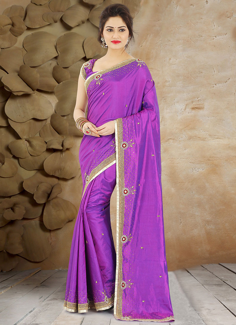 Buy Purple Pure Handloom Silk Saree, Hand Work , Stones , Beads