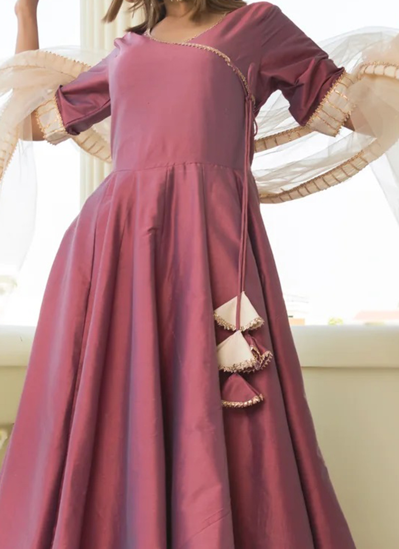 Saesha White Vichitra Silk Anarkali Gown Purple Dupatta Set