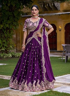 Purple Rangoli Silk Crush Sequins Embroidered Thread Umbrella Lehenga