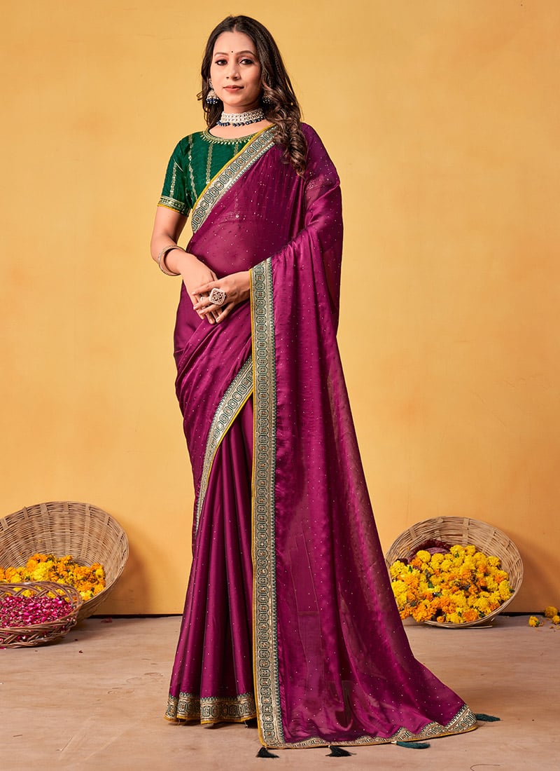 Purple Rangoli Silk Embroidered Sequins Tikki Work Saree Festive Wear