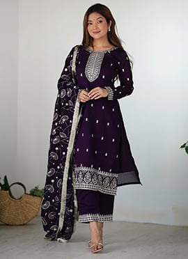 Purple Rangoli Silk Straight Pant Suit With Zari Embroidery Sequins