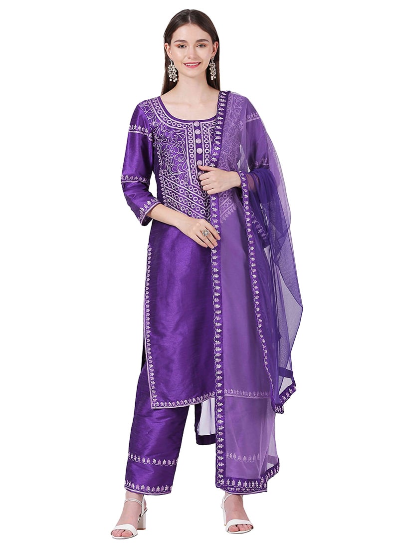 Purple Raw Silk Embroidery Straight Pant Suit Party Wear