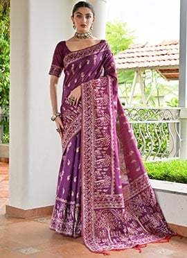 Purple Raw Silk Handloom Woven Saree