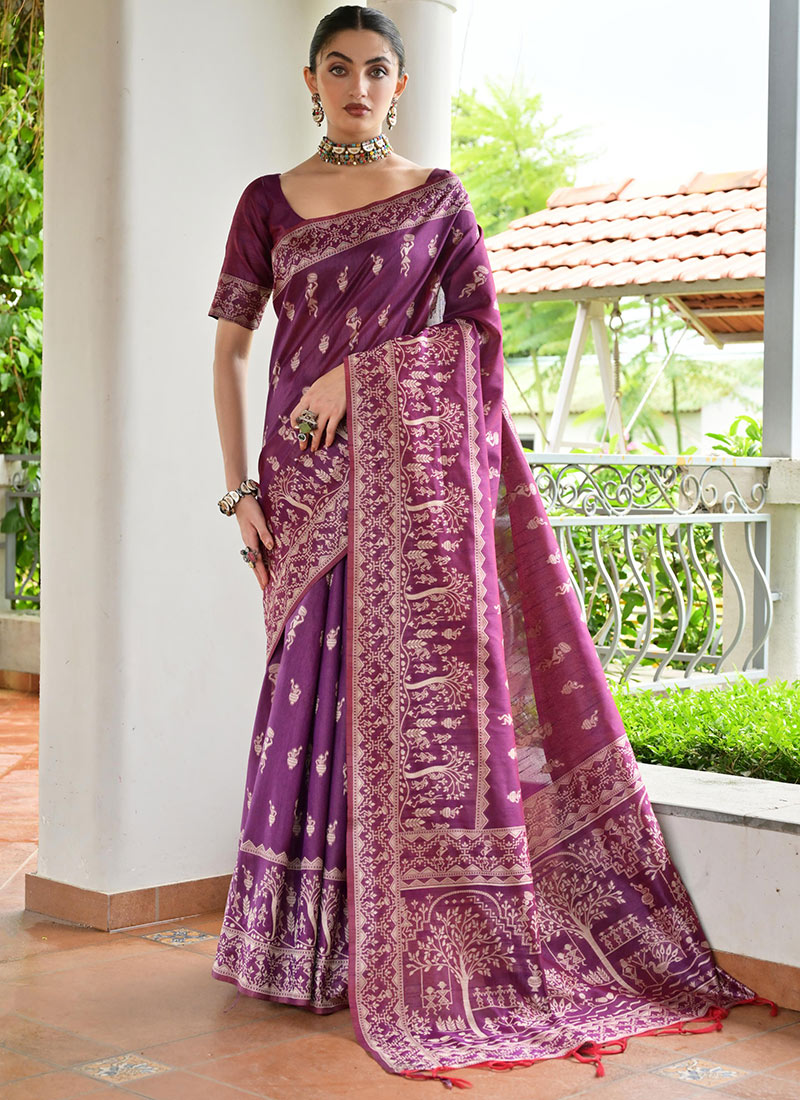 Purple Raw Silk Handloom Woven Saree Festive Wear