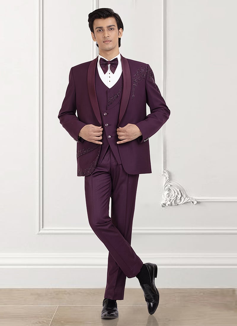 Purple Rayon Beads Hand Embroidered Suit Wedding Wear