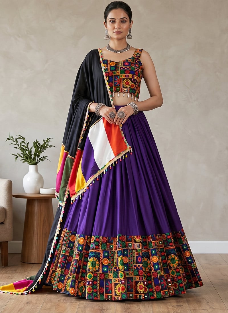 Purple Rayon Cotton Mirror Work Embroidered Chaniya Choli For Garba Night Festive Wear