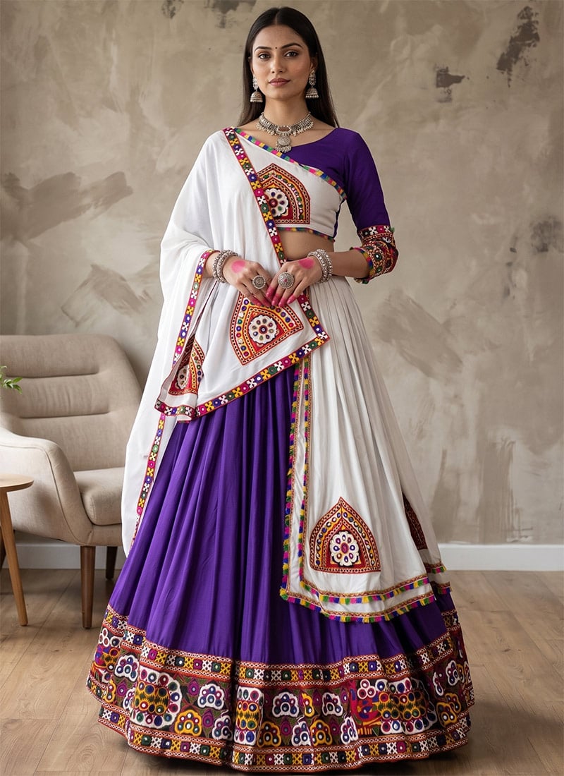 Purple Rayon Cotton Mirror Work Embroidered Chaniya Choli For Garba Night Festive Wear